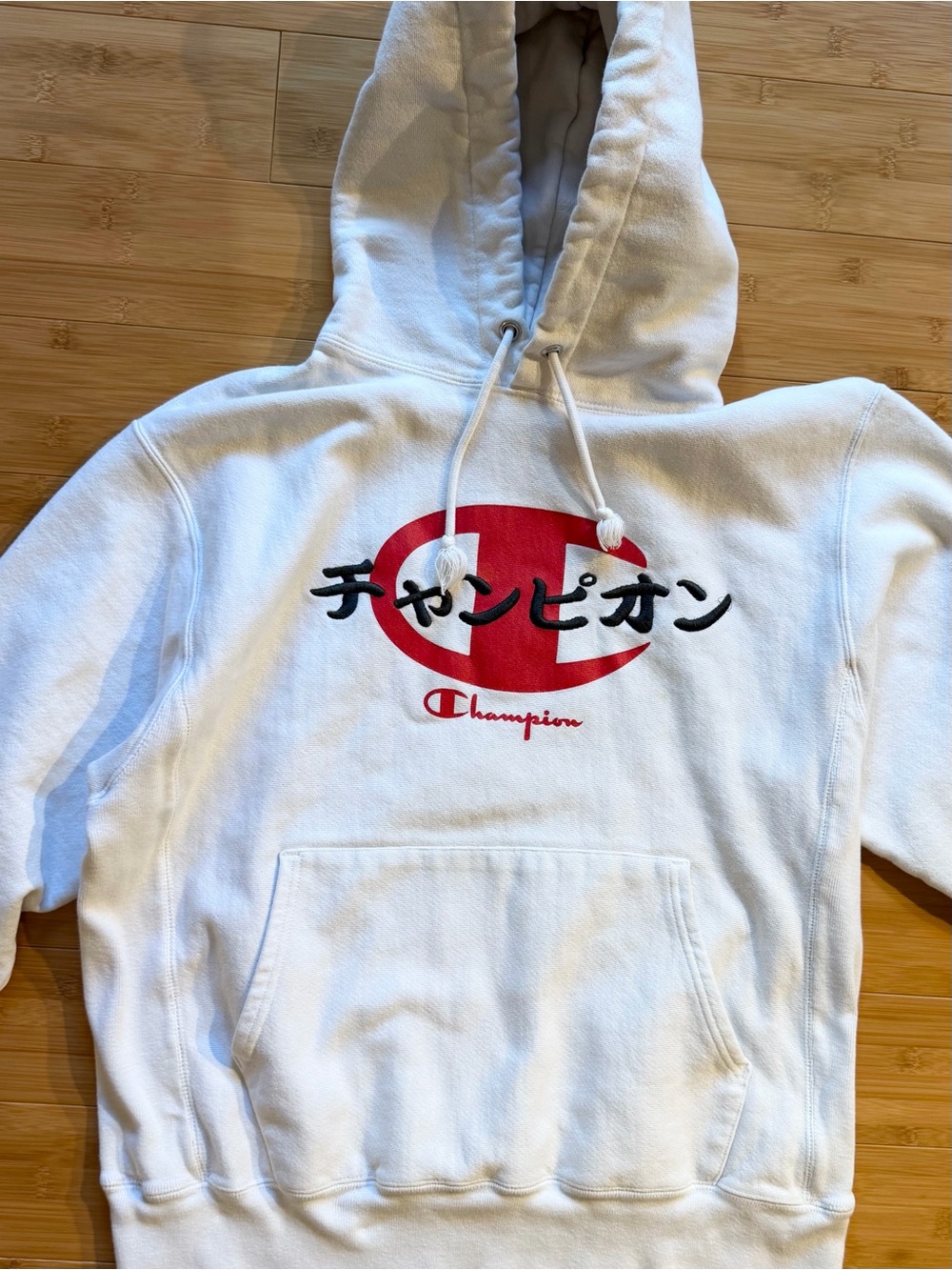 Vintage Y2K Champion Reverse Weave Japanese Logo Hoodie — Size Medium